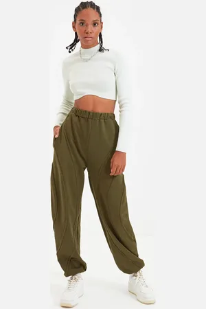 Trendyol Khakifarbene, Gerippte, Detaillierte, Lockere Jogginghose Aus Dünnem Strick für Damen - L