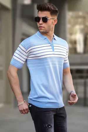 MADMEXT Babyblaues T-shirt Mit Polokragen Und Reißverschluss für Herren - S