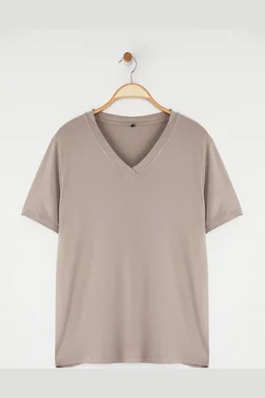 Trendyol Stone Regular Fit V-ausschnitt T-shirt In Übergröße für Damen - 3XL