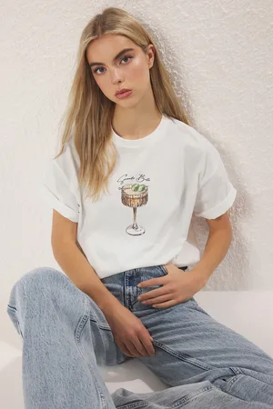 Trendyol 100% Baumwolle Oversize/weit Geschnittenes Coctail Bedrucktes Strick-t-shirt für Damen - XS