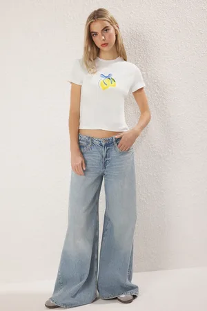 Trendyol Zitrone Bedrucktes, Tailliertes Strick-t-shirt für Damen - L