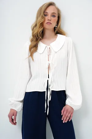 Trend Alacati stili Weißes Hemd Mit Babykragen, Dobby-ballonärmeln, Gebundenem Chenille-gewebe, für Damen - 36