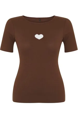 Trendyol Braunes Slim-fit-t-shirt Mit Ausschnitt Und Erweiterung Patrol Cotton Head In Übergröße für Damen - 3XL