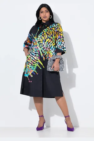 Ulla Popken Damenkleid Mit Blütenprint – Tunika-Ausschnitt, Volant-Rock, 3/4-Ärmel