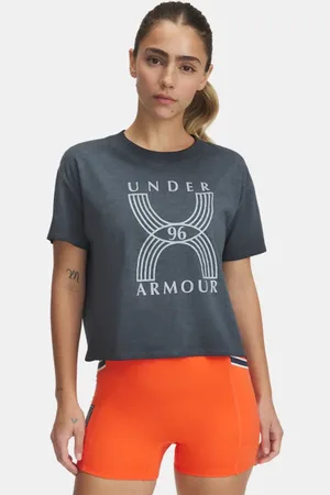 Under Armour Run 96 Kurzarm-Oberteil mit Grafik für Damen / Weiß Quartz / Fire L