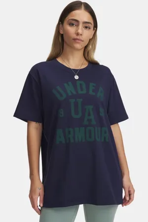 Under Armour Heavyweight Collegiate Kurzarm-Oberteil in Oversize-Passform für Frauen Midnight Blaue Marine / Team Kelly Grün / Weiß S