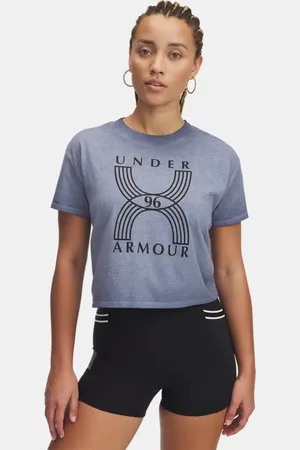Under Armour Run 96 Kurzarm-Oberteil mit Grafik für Damen Downpour / Schwarz / Fire L