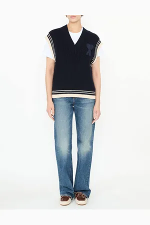 Ami Wollpullover mit V-Ausschnitt Marineblau/Weiß