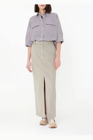 Brunello Cucinelli Baumwoll-Leinen-Midirock mit Schlitz Salbei