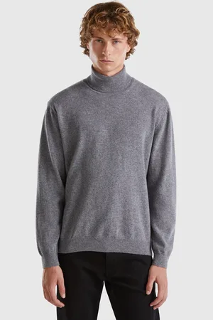 Benetton Dunkelgrauer Rollkragenpullover Aus Reiner Merinowolle