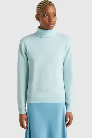 Benetton Rollkragenpullover In Türkis Aus Reiner Merinowolle