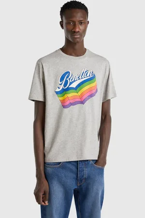 Benetton Graue Baumwoll-t-shirt Mit Mehrfarbigem Logo