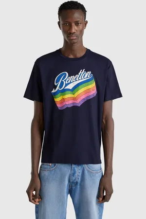 Benetton Dunkelblaue Baumwoll-t-shirt Mit Mehrfarbigem Logo