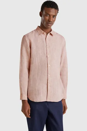 Benetton Beige Gemustertes Hemd Aus Reinem Leinen