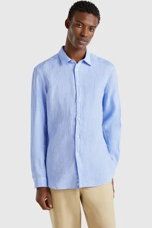 Benetton Hellblau Gemustertes Hemd Aus Reinem Leinen