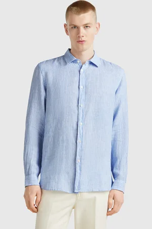 Benetton Hellblau Gestreiftes Hemd Aus Reinem Leinen
