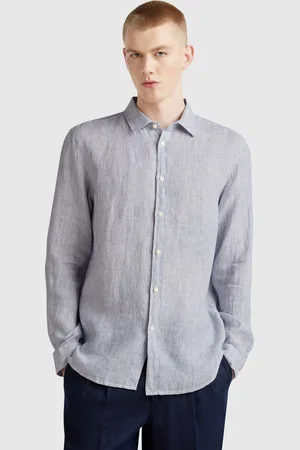 Benetton Blau Gemustertes Hemd Aus Reinem Leinen