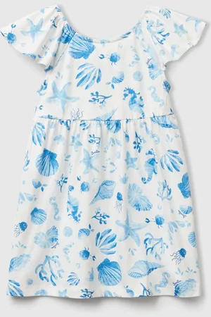 Benetton Weißes Kleid Mit Blauen Muscheln