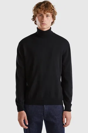 Benetton Schwarzer Rollkragenpullover Aus Reiner Merinowolle