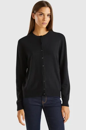 Benetton Rundhals-cardigan In Schwarz Aus Reiner Merinowolle