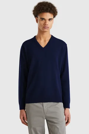 Benetton Mitternachtsblauer Pullover Mit V-ausschnitt Aus Reiner Merinowolle