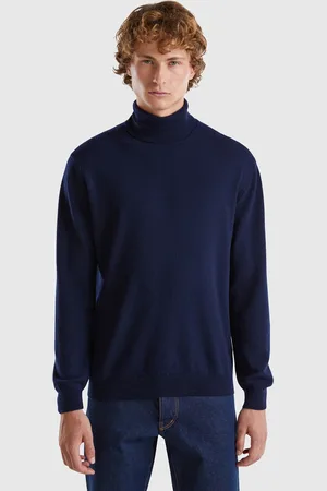 Benetton Mitternachtsblauer Rollkragenpullover Aus Reiner Merinowolle