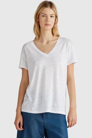 Benetton T-shirt Mit V-ausschnitt Aus Reinem Leinen