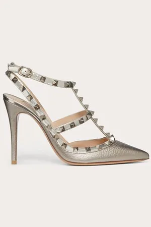 VALENTINO GARAVANI RIEMCHENPUMPS ROCKSTUD IN METALLIC-OPTIK 100 MM Frau 34.5